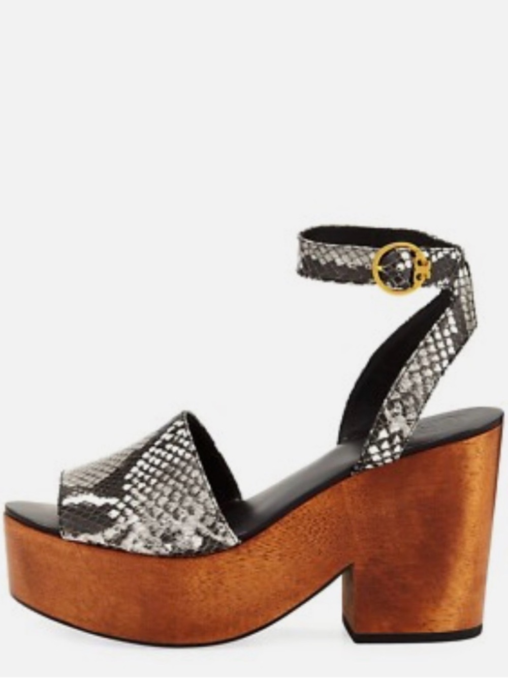 Tory Burch Black & White Snakeskin Platform Sandals with Wood Block Heel